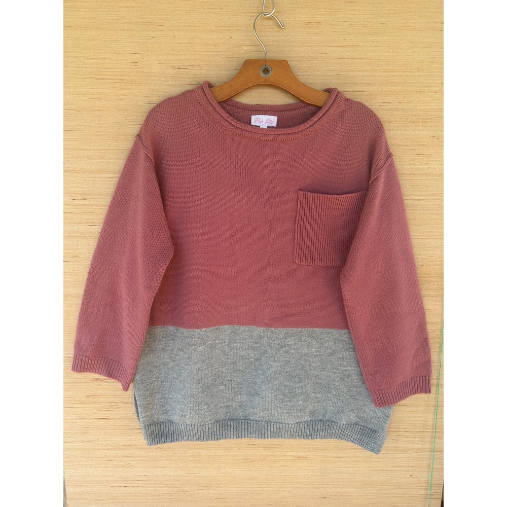 Pink Lily Colorblock Sweater Mauve Pink Gray 3/4 Sleeve Pocket Small